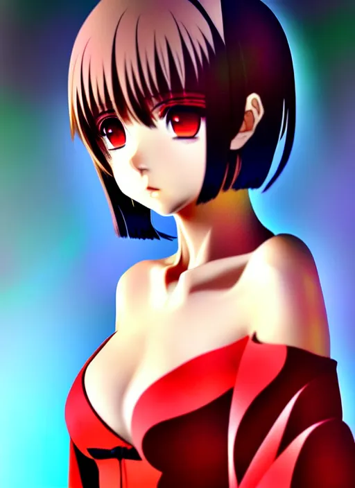 Image similar to anime portrait of a beautiful woman, medium long bob, straight bangs, wearing red gown, ilya kuvshinov, anime, pixiv top monthly, trending on artstation, cinematic, danbooru, zerochan art, kyoto animation