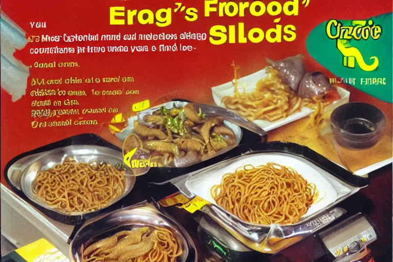 Image similar to mcdonald's fried slugs and crickets served with noodles meal, in 1 9 9 5, y 2 k cybercore, advertisement photo