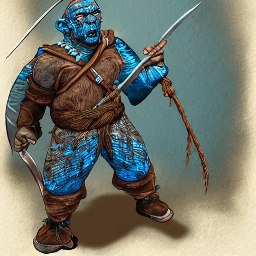 Image similar to character portrait, orc monk archer, fantasy, penned in cyan ink