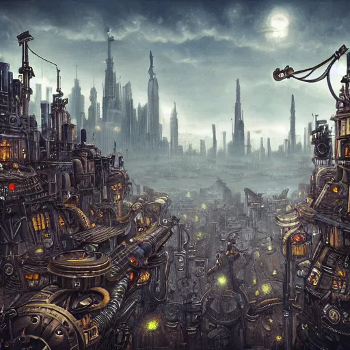 Image similar to robot city, steampunk art, fantasy style, super high detail, super high quality, talented artist, trending on artstation, machinarium