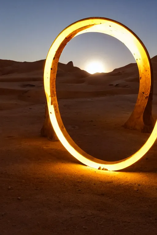 Prompt: a luminous circular stargate in the desert through which an ancient jungle is visible