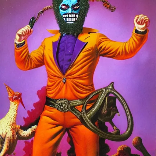 Image similar to a red bearded man wearing a purple luchadore mask and tuxedo, highly detailed, masterpiece, fantasy, pulp, illustrated, art by boris vallejo