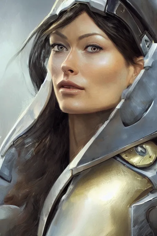 Image similar to a professional painting of a young Olivia Wilde, clothes in military armor, olive skin, long dark hair, beautiful bone structure, symmetrical facial features, intricate, elegant, digital painting, concept art, smooth, sharp focus, illustration, from StarCraft by Ruan Jia and Mandy Jurgens and Artgerm and William-Adolphe Bouguerea