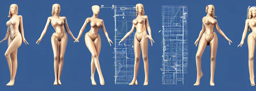 Image similar to pattern of anthropomorphic 3 d females looking like playboy models accompanying artificial intelligence blueprint