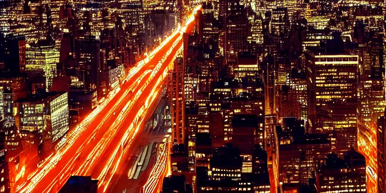 Prompt: Timelapse cinematography of NYC at night in the style of the film KOYAANISQATSI