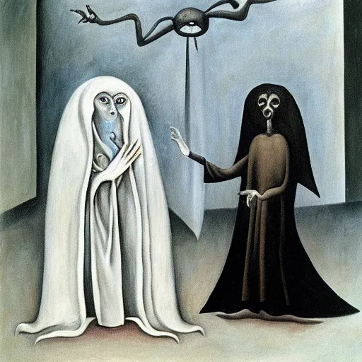 Prompt: the devil meets the nun, leonora carrington