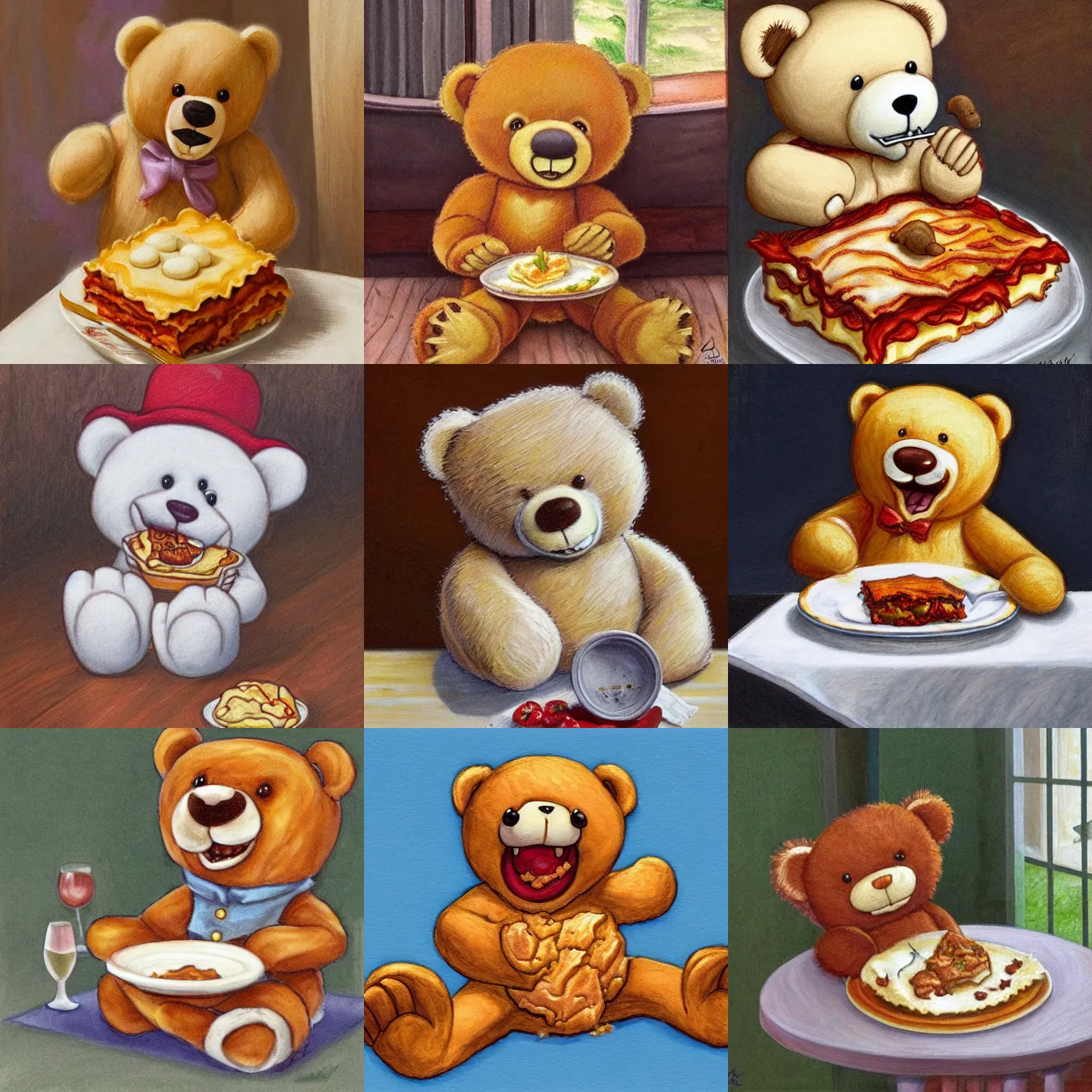 Prompt: a happy teddy bear eating lasagna, the teddy bear is sitting in a white chair at a white on a wooden terrace, drawing by alex horley and justin gerard and julie bell