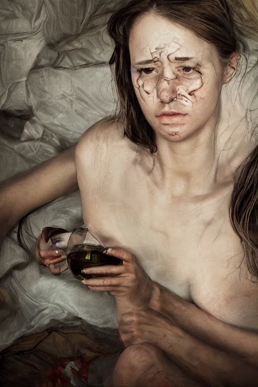 Image similar to lauren's stomach hurts after drinking too much alcohol, oil on canvas, intricate, portrait, 8 k highly professionally detailed, hdr, cgsociety