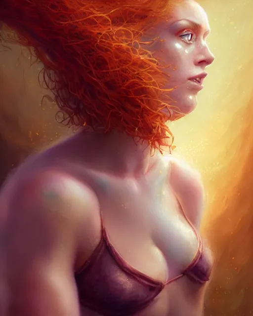 Prompt: female cleric performing sacred magical ritual, perfect face, halter top, ginger hair, abs, cinematic, freckles, stunning, adorable, cute, athletic, strong, agile, highly detailed, psychedelic, digital painting, artstation, smooth, hard focus, illustration, art by jessica rossier and and brian froud