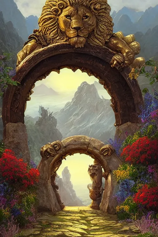 Image similar to A giant medieval fantasy energy portal gate with a rusty gold carved lion face with blue glowing eyes at the center of the gate, the portal takes you to another world, full of colorful flowers on the lost Vibes and mountains in the background, spring, delicate fog, sea breeze rises in the air, by andreas rocha and john howe, and Martin Johnson Heade, featured on artstation, featured on behance, golden ratio, ultrawide angle, f32, well composed, rule of thirds, center spotlight, low angle view