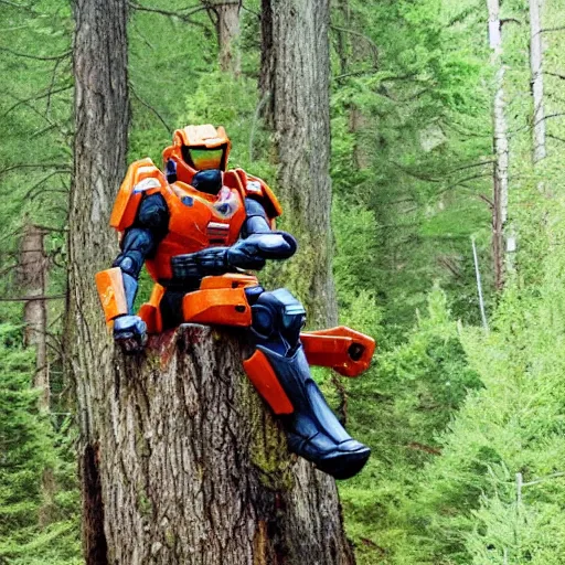 Image similar to master chief riding a tree in the middle of a forest while thr forest is burning down