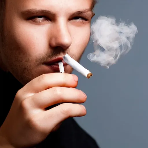 Prompt: Close-up of one hand holding cigarette with smoke, realistic photo, white background