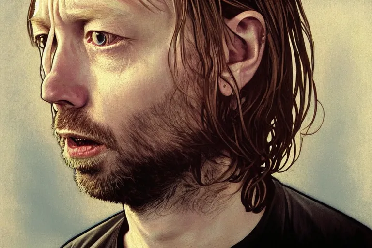 Image similar to hyper realistic portrait of thom yorke mixed with kurt cobain, bigger forehead, bigger chin, from the side, by lee bermejo, alphonse mucha and greg rutkowski