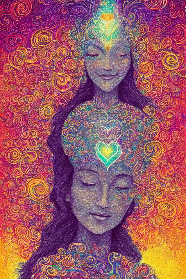 Image similar to a happy beautiful wise spirit goddess in the shape of a heart, meditation, 3 2 k resolution, good vibes, perfect lighting, billions of details, pointillism, fabric embroidery, stunning artwork, android jones, trending on artstation, award winner
