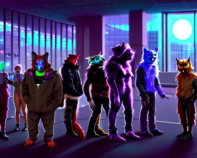 Image similar to high - resolution photograph from a cyberpunk era furry fandom convention ( midwest furfest 2 0 4 7 ), taking place after the genetic revolution and quantum singularity. photorealistic.