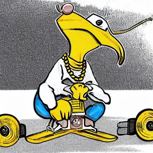 Prompt: a dodo with a gold chain around its neck, on a hover board at a skate park near the beach, 1990s cartoon