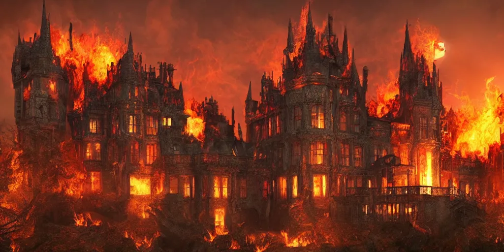 Image similar to A gothic castle covered in fire, rising smoke, dark fantasy, nighttime, detailed crimson moon, hyper realistic, trending on artstation