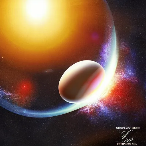 Prompt: the planet earth in space. the planet earth is inside a galactic sized egg. the egg cracks open and the earth slowly falls out. digital art, dramatic lighting, comedy, science fiction, concept art, epic fantasy, surreal. 2 0 0 1 space odyssey. cosmos