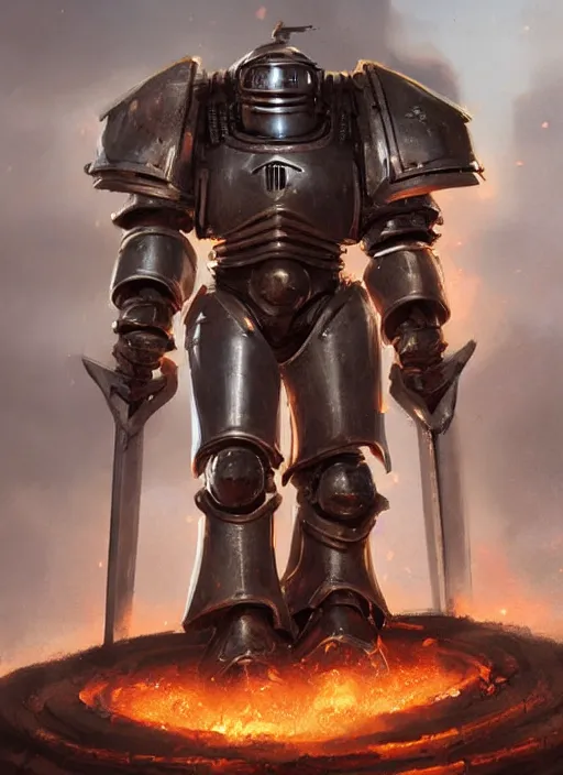 Image similar to medieval knight power armour, concept art, space marine, medieval, sword, highly detailed, cinematic lighting, flames, digital art painting by greg rutkowski