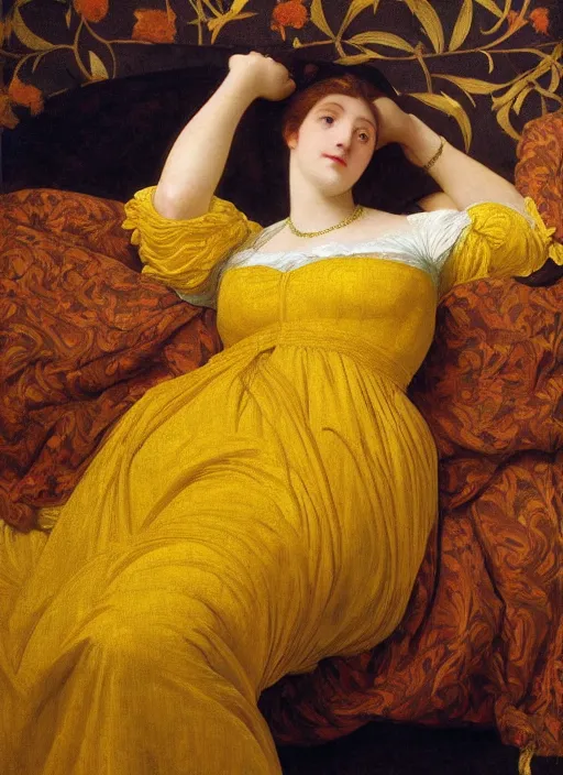 Image similar to masterpiece portrait of lady reclining on bed wearing yellow ochre ornate medieval dress, vertical, foreshortening, colour photography by frederic leighton, william morris, 8 k