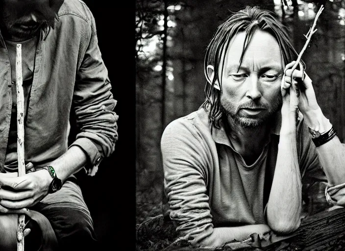 Prompt: beautiful photographs of prints of thom yorke pictures on a table, hyper realistic, variations of thom yorke holding a stick, right side profile, forest, water, moon, high quality photograph, mixed styles, intricate details, diverse colors, deep emotional impact