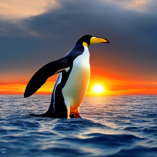 Image similar to big penguin in the middle of the sea, sunset, 4k, sharp, detailed