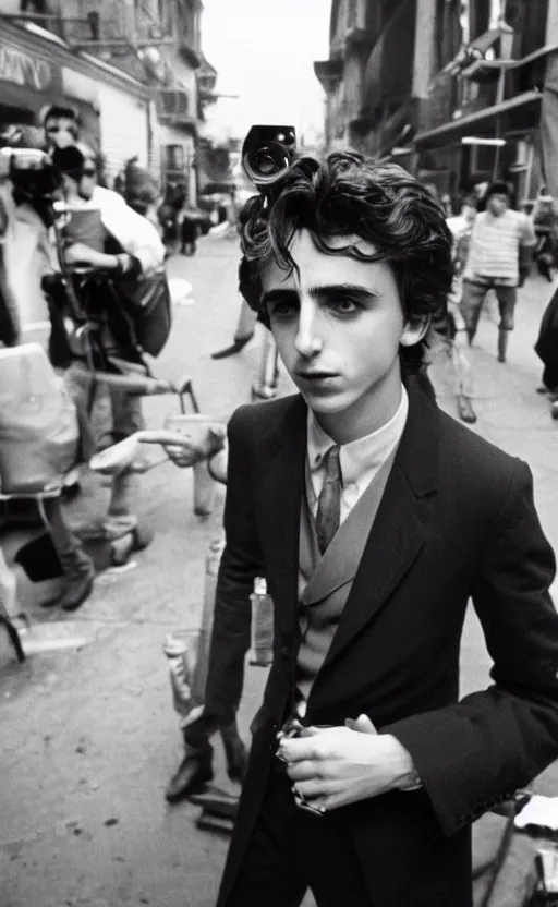 Image similar to timothy chalamet, leica s, 5 0 mm lens, kodachrome, 1 9 6 9, on the set of the godfather, shot by bruce gilden