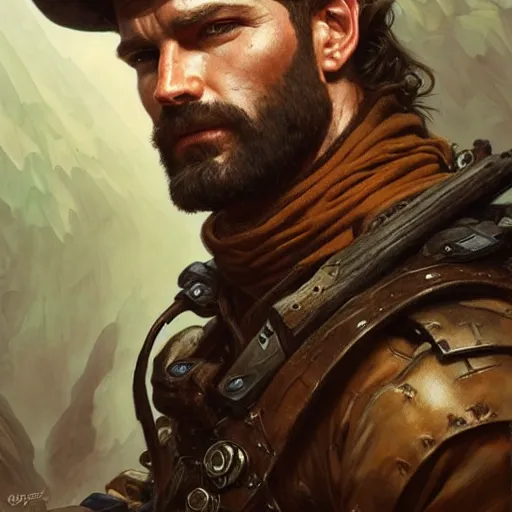 Prompt: portrait of a rugged ranger, handsome, muscular, 30 years old, D&D, fantasy, intricate, elegant, highly detailed, digital painting, artstation, concept art, matte, sharp focus, illustration, art by Artgerm and Greg Rutkowski and Alphonse Mucha