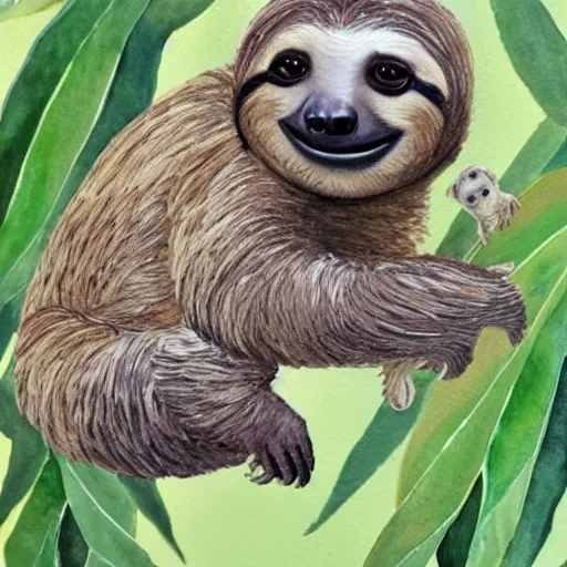 Prompt: A realistic watercolour painting of a sloth with a baby sloth in a tree, fine detail, washed out background