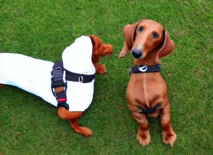 Prompt: brown dauchshund skydiving in a jumpsuit