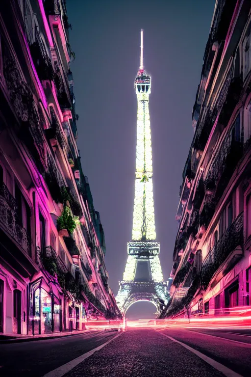 Image similar to neon streets of paris with eiffel tower, 4 k, award winning photo, cyberpunk style