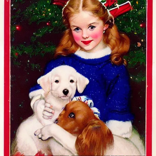 Prompt: cute young girl with blue eyes and dark blonde wavy hair holding a cute white puppy, in style of Norman Rockwell , classic, vintage, festive, holiday christmas card