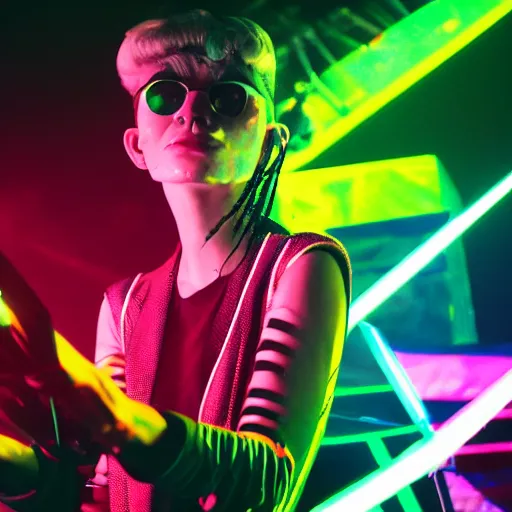 Image similar to Grimes DJing onstage playing with a synthesizer, neon, lambent lighting with vivid and radiant colors, 35mm photography, volumetric lighting, trending on artstation, artstationHD, artstationHQ, 4k, 8k.