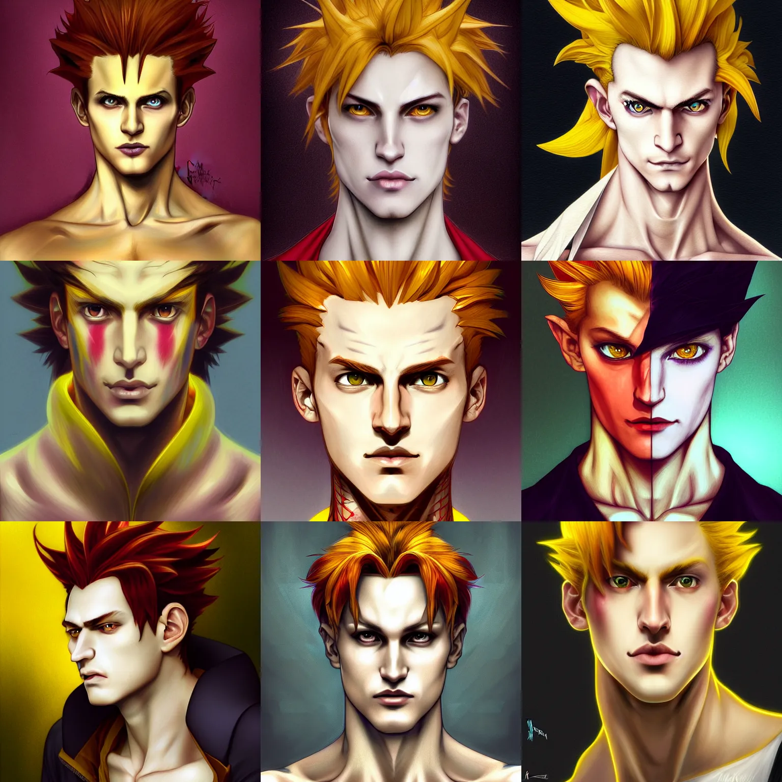 Prompt: portrait of hisoka morow hunter hunter madonna inspired, 2 0 years old, male, very very sharp jaw yellow eyes very very narrow yellow iris red hair soft hair slicked back crimson medium length hair, anime highly detailed, digital painting, artstation, concept art, matte, sharp focus, illustration, art by artgerm and greg rutkowski and alphonse mucha