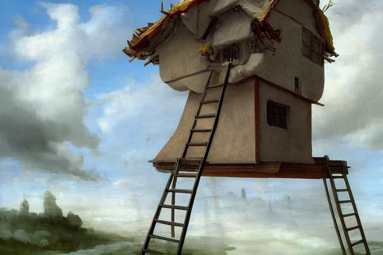 Prompt: A hyperdetailed digital oil painting of a house in the clouds,ladder,by Brueghel the Elder Trending on ArtStation and DeviantArt,Digital