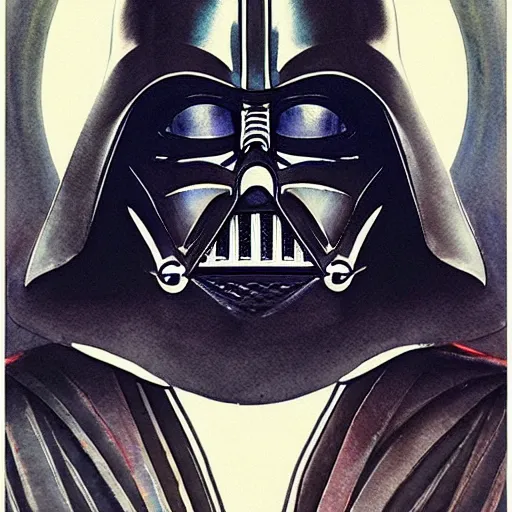 Image similar to a beautifull intricate watercolour painting of darth vader, reflexions, verry high details by william turner art, greg rutkowski and alphonse mucha, trending on artstation, very very detailed, masterpiece, muted colors