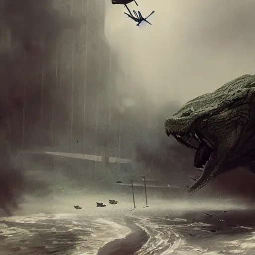 Image similar to an giant reptile creature destroying flying helicopters in a foggy storm weather, Matte painting , detailed painting, greg rutkowski