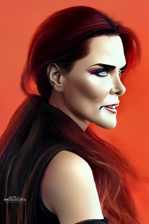 Image similar to mix of beautiful young maria shriver, mariel hemmingway, brooke shields, nicole kidman and elle macpherson as a vampire with mouth open with sharp teeth, thin lips, hair tied up in a pony tail, dark blonde hair, colorful, artstation, cgsociety