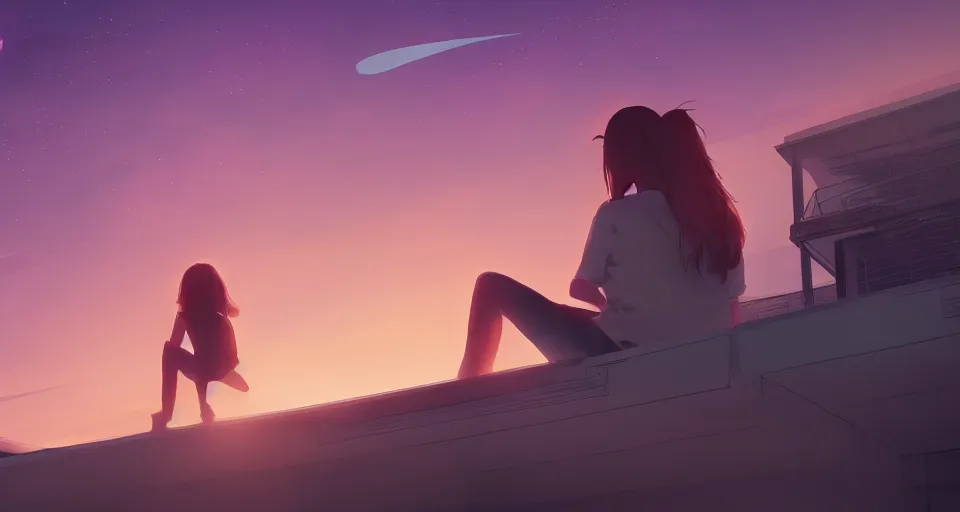 Prompt: Girl on the roof watching the Saturn sunset in the twilight, volumetric lighting, glowing lights, 4k, octane, digital painting, pixiv, by Aenami