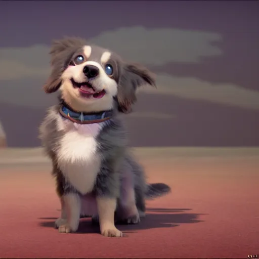 Image similar to a wholesome animation key shot of a grey and copper colored australian shepherd puppy, studio ghibli, pixar and disney animation, sharp, rendered in unreal engine 5, anime key art by greg rutkowski, bloom, dramatic lighting