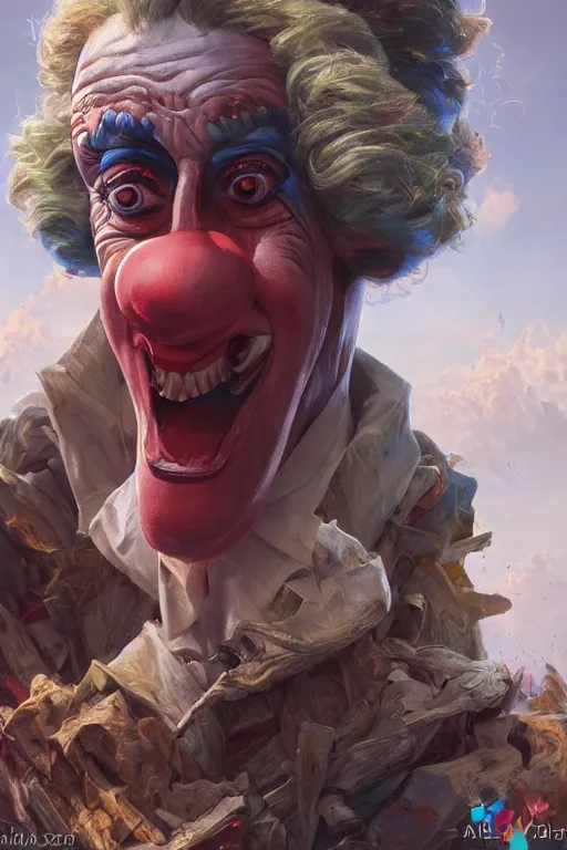 Prompt: emmanuel macron as a clown, realistic, high definition, 4 k, shimmering color, hyper detailed, art of greg rutkowski and magali villeneuve and artgerm