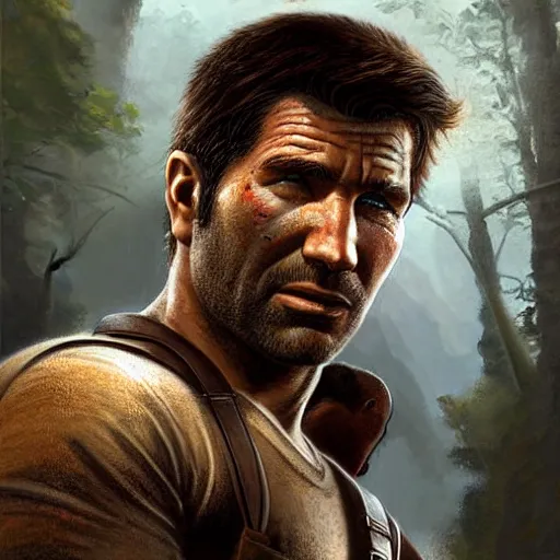 Prompt: ultra realistic portrait painting of nathan drake, art by frank frazetta, 4 k, ultra realistic, highly detailed, epic lighting
