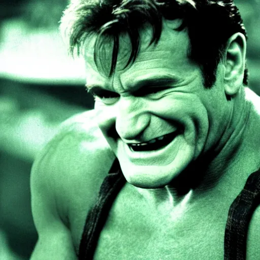 Image similar to robin williams as the hulk, smiling