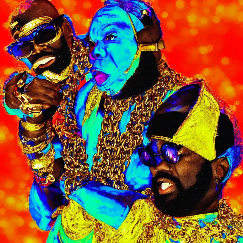 Image similar to mr. t pitying a fool, hyper color, stylized photo, gold chains, digital art