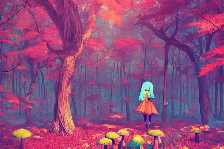 Prompt: alice in wonderland digital illustration by ilya kuvshinov, colorful surreal psychedelic mushroom forest by beeple