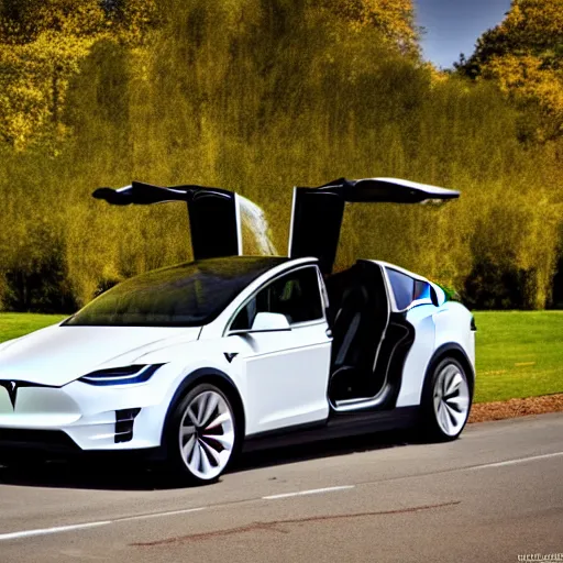 Image similar to full length wide angel shot of a Tesla Model X as a limousine, realistic photo, f/1.8 HDR