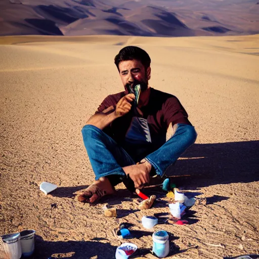 Prompt: portrait of a man wearing cameo, he ‘ s sitting in the desert eating some delicious crayons, beautiful composition, 5 0 mm f 1. 8, ambient light