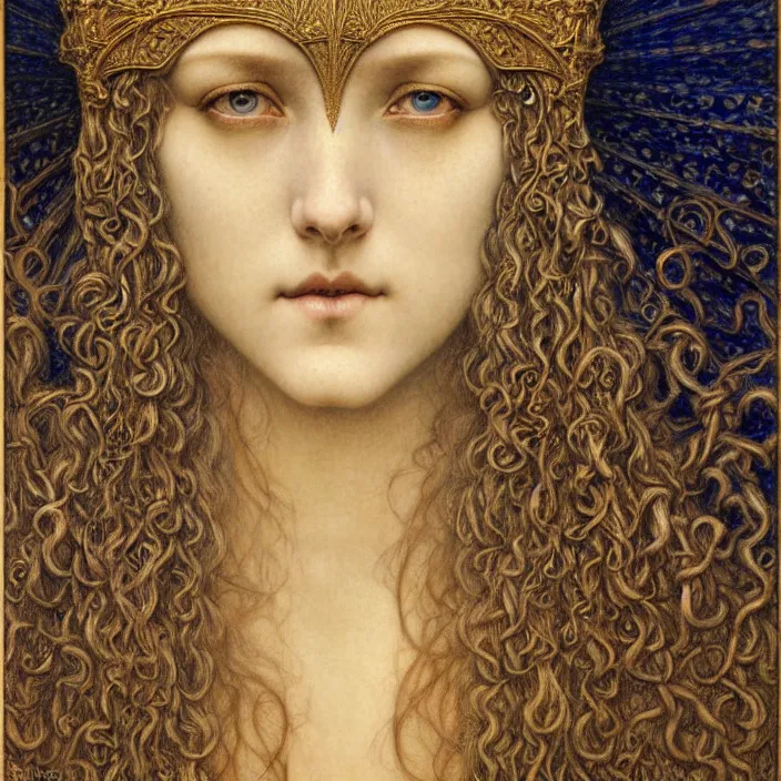 Image similar to detailed realistic beautiful young medieval queen face portrait by jean delville, gustave dore and marco mazzoni, art nouveau, symbolist, visionary, gothic, pre - raphaelite. horizontal symmetry