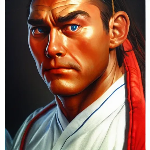 Image similar to ultra realistic portrait painting of forest gump as ryu from street fighter, art by frank frazetta, 4 k, ultra realistic, highly detailed, epic lighting