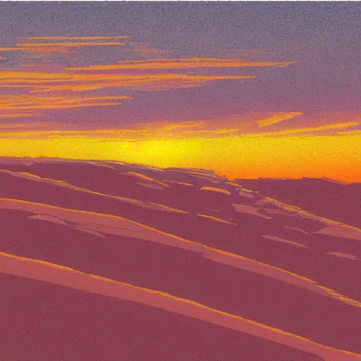 Prompt: sunset in a desert landscape, drawing by moebius